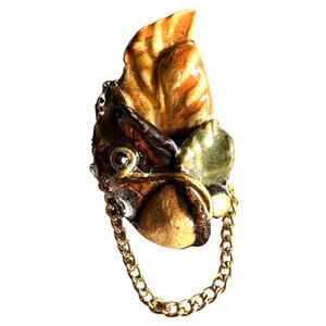 Fired Fantasies Brooch Pin Clay Chain Gold Tan Green Brown Leaves Vtg Handmade